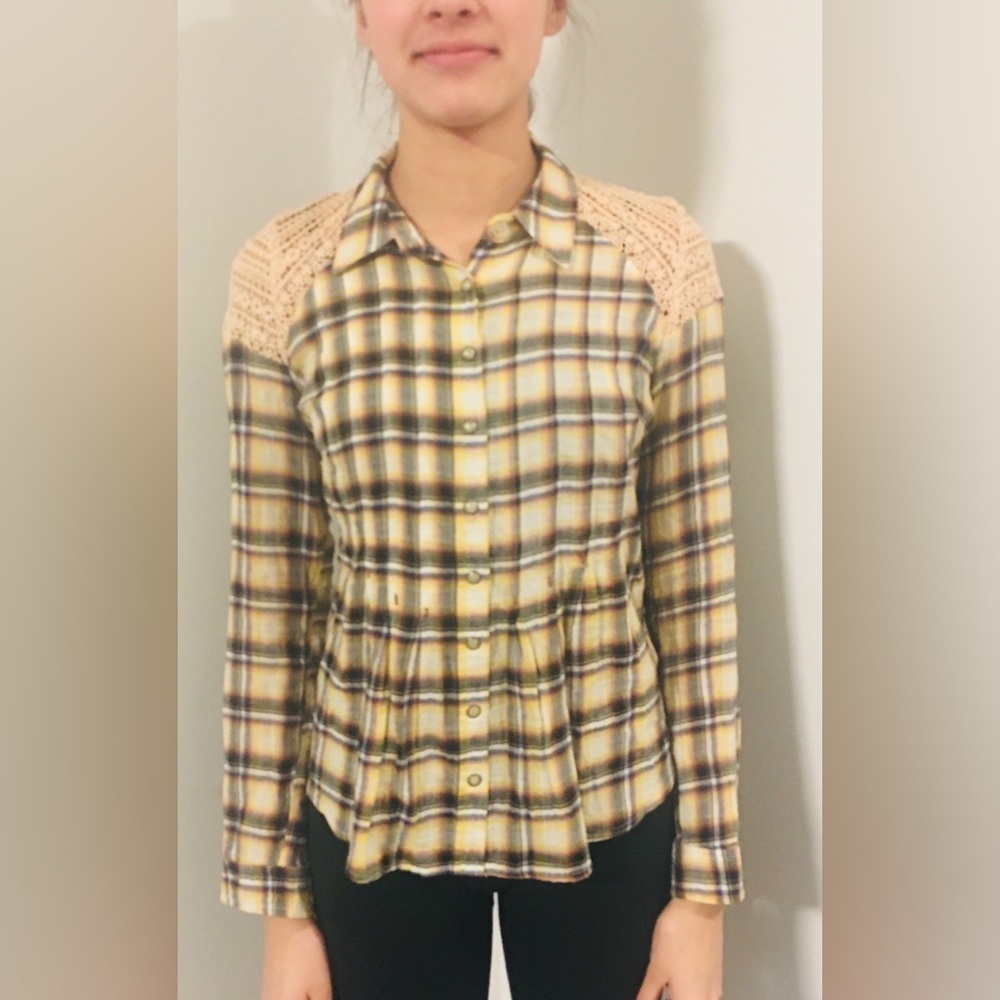 FREE PEOPLE Plaid Crochet Peplum Yellow Plaid Snap Button Down Shirt Top Small